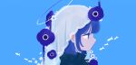  1girl black_ribbon blue_background blue_eyes blue_hair blunt_bangs collar commentary_request cropped_shoulders facing_to_the_side fish flower frilled_collar frills halo highres landscape multicolored_halo original purple_flower ribbon simple_background solo sskitaco veil white_flower 