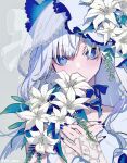  1girl blue_eyes blue_nails blue_ribbon bouquet bridal_veil ear_piercing fingerless_gloves flower fujikiri_yana gloves grey_background highres holding holding_flower jewelry lace lace_gloves lily_(flower) long_hair looking_at_viewer mole mole_under_mouth neck_ribbon original piercing ribbon ring ringed_eyes simple_background solo twitter_username upper_body veil wedding wedding_ring white_hair 