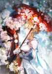  1boy 1girl absurdres bandaged_hand bandages bare_shoulders black_gloves blonde_hair blurry blurry_background breasts cleavage closed_mouth commentary_request couple detached_sleeves dress expressionless eye_contact feather_hair_ornament feathers flower from_side genshin_impact gloves hair_ornament hetero highres holding holding_umbrella hoxino japanese_clothes kaedehara_kazuha long_hair looking_at_another lumine_(genshin_impact) medium_breasts multicolored_hair oil-paper_umbrella outdoors rain red_eyes red_hair red_umbrella redrawn short_hair_with_long_locks streaked_hair umbrella white_dress white_flower yellow_eyes 