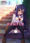  1girl arm_between_breasts arm_support between_breasts black_thighhighs blue_bow blue_bowtie blue_hair bow bowtie bra bra_pull breasts breasts_out briefcase building buttons censored closed_mouth clothes_pull day embarrassed frilled_skirt frills game_asset grass hair_ornament hair_ribbon hinata_nao hoshimi_asuka jacket juliet_sleeves lamppost lapels large_breasts loafers long_hair long_sleeves miniskirt on_stairs one_side_up open_clothes open_jacket outdoors panties pantyshot pigeon-toed pink_bra pink_panties pleated_skirt post_and_rail_fence puffy_sleeves red_eyes red_sailor_collar red_skirt ribbon sailor_collar school_briefcase school_uniform shoes sitting skirt sleeve_cuffs thighhighs underwear white_jacket x_hair_ornament yuuwaku_scramble 