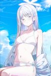  1girl absurdres bikini blue_archive blue_sky braid breasts cloud colored_eyelashes commentary cowboy_shot day grey_eyes hair_ornament halo haori haori_partially_removed highres japanese_clothes long_hair looking_at_viewer nagusa_(blue_archive) nagusa_(swimsuit)_(blue_archive) navel official_alternate_costume parted_lips ring_of_light_(blue_archive) single_braid single_braided_sidelock sitting sky small_breasts snowflake_hair_ornament snowflake_halo solo stomach swimsuit very_long_hair white_bikini white_eyelashes white_hair white_halo white_haori xiongji_z_z 