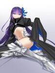  1girl absurdres armored_boots black_jacket blue_eyes blue_notuki blue_ribbon blush boots breasts commentary_request cropped_jacket fate/grand_order fate_(series) hair_ribbon highres jacket long_hair long_sleeves looking_at_viewer meltryllis_(fate) navel prosthesis prosthetic_leg purple_hair ribbon sleeves_past_fingers sleeves_past_wrists small_breasts smile solo very_long_hair 