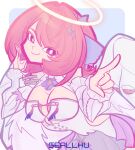  1girl bare_shoulders breasts cleavage closed_mouth commentary deformed detached_sleeves dress glowing glowing_halo hair_ornament halo highres large_breasts long_sleeves looking_at_viewer medium_hair milesbite pink_hair pointing pointing_at_viewer purple_eyes remielle_dan simple_background smile solo thaumiel_(zenless_zone_zero) white_dress wings yellow_halo zenless_zone_zero 