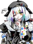  1girl artist_name beret black_hat black_jacket bow closed_mouth collared_shirt colored_tips contrast_collar hair_bow hat jacket jacket_partially_removed jogasaki_noah long_hair long_sleeves looking_at_viewer mahou_shoujo_no_majo_saiban multi-tied_hair multicolored_eyes multicolored_hair neck_ribbon noa_rei off_shoulder one_eye_closed polka_dot polka_dot_bow ribbon shirt signature simple_background smile solo streaked_hair upper_body white_background white_hair white_shirt yellow_eyes 