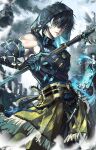  1boy absurdres aqua_eyes belt black_hair braid chinese_commentary commentary_request elbow_gloves gloves hair_between_eyes heterochromia highres holding holding_sword holding_weapon hood hood_up hujiao_huajiao_fen jewelry jingran_(wuthering_waves) lantern looking_at_viewer male_focus multicolored_hair ring short_hair solo sword tacet_mark_(wuthering_waves) tassel two-tone_hair weapon white_hair wuthering_waves yellow_eyes 