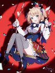  1girl :d absurdres blonde_hair blue_bow blue_ribbon blue_vest blunt_bangs boots bow buttons commentary_request confetti double-breasted earrings frilled_shirt_collar frills full_body gold_trim green_eyes grey_thighhighs hair_ornament hair_ribbon hairclip hat high_heel_boots high_heels highres indie_virtual_youtuber jester_cap jewelry juliet_sleeves long_sleeves looking_at_viewer mini_hat miniskirt official_art on_swing open_mouth parallel_hairclips pom_pom_(clothes) pom_pom_earrings puffy_sleeves red_hat red_skirt ribbed_shirt ribbon shigure_ui shigure_ui_(vtuber) shirt short_hair shorts shorts_under_skirt sitting skirt smile solo spotlight striped_clothes striped_thighhighs swing thighhighs two_side_up vest virtual_youtuber white_shirt white_shorts 