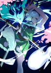  1girl absurdres black_bow black_bowtie black_hairband bow bowtie closed_mouth collared_shirt commentary_request expressionless frilled_skirt frills glint green_eyes green_skirt green_vest grey_hair hairband highres hitodama holding holding_sword holding_weapon katana konpaku_youmu konpaku_youmu_(ghost) looking_at_viewer puffy_short_sleeves puffy_sleeves sheath shirt short_sleeves skirt skirt_set solo sword touhou unsheathing vest wako_(1194433260) weapon white_shirt 