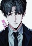  1boy 1other aegyo_sal black_hair black_necktie black_suit braun_(gwechul) closed_mouth commentary_request dress_shirt exhausted gwechul highres kim_soleum korean_commentary lapels looking_at_viewer necktie notched_lapels on41035 parted_bangs red_eyes shirt short_hair simple_background stuffed_animal stuffed_rabbit stuffed_toy suit upper_body white_background white_shirt wing_collar 