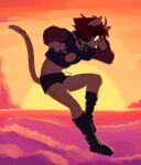  1girl absurdres aeiou_(yoako) animal_ear_fluff animal_ear_piercing animal_ears backlighting black_boots black_choker black_hair black_shorts boots callisto_(moon) cat_ears cat_girl cat_tail choker cloud commentary english_commentary europa_(moon) from_side full_body furry furry_female ganymede glasses highres io_(moon) jumping jupiter_(planet) knee_boots midriff multicolored_hair nail_polish navel original red_hair shirt short_hair short_shorts shorts solo sun sunset t-shirt tail two-tone_hair yoako 