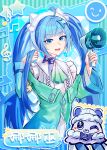  1girl absurdres ahoge aqua_eyes blue_eyes blue_hair chinese_text creature dress hair_ornament highres holding honkai:_nexus_anima honkai_(series) jacket long_hair looking_at_viewer megaphone microphone multicolored_eyes musical_note nanafey_(honkai:_nexus_anima) open_mouth smile solo twintails very_long_hair 