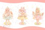  3girls animal_ears blonde_hair blush_stickers bow cake closed_eyes closed_mouth collared_shirt commentary confetti dress dress_ribbon english_commentary english_text floppy_ears food green_hat hair_bow hat holding holding_party_popper holding_plate holding_string_of_flags kneehighs long_hair long_sleeves lop_rabbit_ears multiple_girls mura_(yoshishi_ff) open_mouth original painting_(medium) party_hat party_popper pinafore_dress pink_bow pink_dress pink_hair pink_slippers plate pom_pom_(clothes) puffy_long_sleeves puffy_sleeves rabbit_ears ribbon shirt sleeveless sleeveless_dress slippers smile socks string_of_flags tareme traditional_media twintails watercolor_(medium) white_ribbon white_shirt white_socks yellow_bow yellow_eyes yellow_slippers 