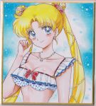  1girl bead_necklace beads bikini bishoujo_senshi_sailor_moon blonde_hair blue_background blue_eyes blush bow bow_bikini breasts chikoto_(kztc4472) cleavage closed_mouth collarbone commentary curtained_hair double_bun earrings frilled_bikini frills hair_bun hair_ornament hand_up highres jewelry lone_nape_hair long_hair looking_at_viewer medium_breasts necklace parted_bangs photo_(medium) picture_frame polka_dot polka_dot_bikini red_bow shell shell_earrings shell_hair_ornament smile solo swimsuit traditional_media tsukino_usagi twintails upper_body white_bikini 