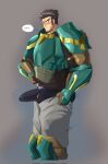  ... 1boy armor bara black_hair blush bulge clothes_pull commentary corrupted_twitter_file cropped_legs english_commentary erection erection_under_clothes facial_hair fire_emblem fire_emblem:_the_sacred_stones gilliam_(fire_emblem) highres male_focus male_underwear pants pants_pull short_hair simple_background solo speech_bubble spoken_ellipsis twitter_username underwear wallace8 
