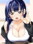  1girl 35-miya-7375 black_hair blush boku_no_kokoro_no_yabai_yatsu breasts brown_eyes cleavage collarbone commentary_request glasses grey_hoodie grey_shorts hand_up highres hood hoodie large_breasts long_hair long_sleeves looking_at_viewer navel off_shoulder open_mouth revision shorts sitting solo sports_bra white_sports_bra yamada_anna 
