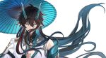  1boy absurdres aqua_hair black_hair blue_eyes blue_hair chinese_clothes colored_inner_hair dan_heng_(honkai:_star_rail) dan_heng_(imbibitor_lunae)_(honkai:_star_rail) dragon_horns earrings eastern_dragon_horns hair_between_eyes highres holding holding_umbrella honkai:_star_rail honkai_(series) horns jewelry long_hair long_sleeves looking_at_viewer male_focus momo_hubei multicolored_hair oil-paper_umbrella pointy_ears red_hair simple_background solo streaked_hair tassel tassel_earrings umbrella upper_body very_long_hair white_background wide_sleeves 