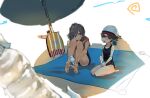  2girls beach_mat beach_umbrella black_one-piece_swimsuit folded_ponytail highres i-401_(kancolle) kantai_collection kasuga_maru_(kancolle) kasuga_maru_(swimsuit)_(kancolle) kickboard lotion multiple_girls one-piece_swimsuit orange_sailor_collar ponytail sailor_collar sailor_shirt shirt sleeveless sleeveless_shirt sunday_aki sunscreen swim_cap swimsuit umbrella 
