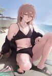  1boy absurdres androgynous beach bikini black_bikini black_sandals blurry blurry_background brown_hair commentary crossdressing crossdressing_(mtf) green_eyes hair_between_eyes highres long_hair looking_at_viewer male_focus navel off_shoulder open_mouth original outdoors sandals shun_en solo squatting sweatdrop swimsuit trap untranslatable_commentary zurui_ninjin 