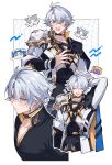  1boy :< animal_ears animal_nose animalization antenna_hair arm_behind_head arm_up armor belt black_belt black_choker black_pants black_shirt blue_cape blue_eyes blush blush_stickers border cake_cat_(honkai:_star_rail) cape cat cat_tail checkered_background chest_belt chimera_(honkai:_star_rail) choker closed_eyes closed_mouth coat collared_shirt cowboy_shot creature crossed_bangs fingernails flower flying_sweatdrops green_flower grey_fur grey_hair hair_between_eyes hand_up high_collar highres honkai:_star_rail honkai_(series) horns long_hair looking_ahead looking_at_viewer male_focus multiple_views neck_tattoo open_mouth otter_ears outside_border pants person_and_animalization phainon_(coconut_snow_cap)_(honkai:_star_rail) phainon_(honkai:_star_rail) phainon_(vigethos)_(honkai:_star_rail) purple_cat sakura_0270 shirt short_hair short_sleeves shoulder_armor shy smile standing sun_symbol sun_tattoo sweatdrop tail tattoo teeth two-sided_cape two-sided_fabric two-tone_fur upper_body v-shaped_eyebrows white_background white_border white_cat white_coat white_fur yellow_cape yellow_pupils 