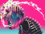  1girl akiakane bent_over black_jacket blood blood_drip blood_on_face blue_background blue_eyes blue_hair blue_necktie breath_weapon breathing_lightning chest_harness colored_blood colored_tips colorful commentary english_commentary ghost glowing gradient_background gradient_hair harness highres horror_(theme) jacket leaning_forward long_sleeves missing_tooth multicolored_eyes multicolored_hair necktie neon_palette open_mouth original pink_background pink_blood pink_hair pink_jacket pink_necktie purple_eyes ribs saturated short_hair skeletal_hand skull solo spine two-tone_hair upper_body 