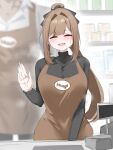  1girl absurdres apron black_shirt brown_apron brown_hair cashier closed_eyes clothes_writing commentary_request highres long_hair long_sleeves open_mouth original ponytail saltnvalk shirt solo sweat teeth turtleneck turtleneck_shirt upper_teeth_only 