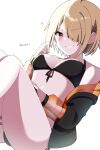  1girl absurdres bikini black_bikini breasts brown_hair grin hair_ornament hairclip heaven_burns_red highres jacket kayamori_ruka kayamori_ruka_(passing_moment_of_reprieve) looking_at_viewer medium_breasts open_clothes open_jacket puyopiku red_eyes short_hair simple_background smile swimsuit twitter_username white_background 