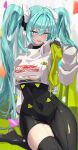  1girl absurdres aqua_eyes aqua_hair asymmetrical_bodysuit black_bodysuit black_gloves blush bodysuit breasts confetti covered_navel cropped_jacket gloves goodsmile_company goodsmile_racing green_gloves hair_between_eyes hatsune_miku highres jacket long_hair long_sleeves looking_at_viewer medium_breasts multicolored_gloves open_mouth parted_lips race_queen racing_miku racing_miku_(2022) single_leg_bodysuit single_thighhigh smile solo teasan thighhighs twintails two-tone_gloves underboob very_long_hair vocaloid white_jacket 
