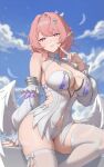  1girl absurdres bare_shoulders blue_sky blush breasts cloud cloudy_sky commentary day detached_sleeves dress feathered_wings feathers frills hair_intakes hair_ornament highres large_breasts long_sleeves looking_at_viewer medium_hair mole mole_on_breast outdoors panties pink_hair pointy_ears purple_eyes remielle_dan sitting sky smile solo star_(symbol) star_hair_ornament thighhighs underwear vin_(pixiv_126965367) white_dress white_feathers white_panties white_thighhighs white_wings wings zenless_zone_zero 