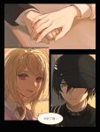  1boy 1girl ahoge akamatsu_kaede baseball_cap black_hair black_hat black_jacket blonde_hair canon_event danganronpa_(series) danganronpa_v3:_killing_harmony fingernails fu_ga_(vivi912912) green_eyes hair_ornament hat highres holding_hands jacket long_hair long_sleeves looking_at_another musical_note musical_note_hair_ornament necktie one_eye_covered orange_necktie pink_vest purple_eyes saihara_shuichi short_hair smile speech_bubble translation_request vest 