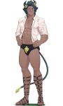  1boy abs absurdres askr_(fire_emblem) bara biceps black_male_swimwear blue_hair bulge closed_mouth cow_horns cow_tail dark-skinned_male dark_skin english_commentary fire_emblem fire_emblem_heroes hand_on_own_hip highres horns jakkufurosto looking_at_viewer male_focus male_swimwear muscular muscular_male pectoral_cleavage pectorals shirt smile solo tail third-party_source white_background white_shirt 