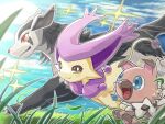  black_eyes blue_eyes bright_pupils closed_mouth delcatty grass mightyena no_humans outdoors pokemon pokemon_(creature) pokemon_focus red_eyes rockruff runachikku running sparkle twitter_username white_pupils 