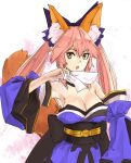  1girl animal_ear_fluff animal_ears black_sash blue_kimono blue_sleeves breasts cleavage commentary_request cowboy_shot detached_sleeves fate/grand_order fate_(series) fox_ears fox_girl holding holding_ofuda japanese_clothes kimono large_breasts long_hair looking_at_viewer obi ofuda open_mouth pink_hair sankansan sash solo tamamo_no_mae_(fate) twintails white_background yellow_eyes 
