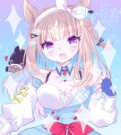  +_+ 1girl almond_eye_(racehorse) almond_eye_(the_changer)_(umamusume) almond_eye_(umamusume) animal_ears blue_eyes blue_gloves blush bow bow_hairband braid braided_sidelocks breasts brown_hair buttons character_name cleavage colored_inner_hair commentary_request creature_and_personification detached_sleeves double-breasted dress fingerless_gloves gloves hair_ornament hairband hairclip heart highres horse horse_ears horse_girl large_breasts long_hair looking_at_viewer multicolored_hair open_mouth personification real_life red_bow reya_p_d3 sidelocks smile symbol-shaped_pupils umamusume white_hairband x-shaped_pupils 