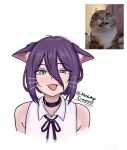  1girl absurdres animal_ear_fluff animal_ears artist_name bare_shoulders black_choker cat cat_ears cat_girl chainsaw_man choker collared_shirt commentary cropped_torso green_eyes hair_between_eyes heart highres looking_at_viewer meme mothdropcrowla purple_hair purple_ribbon reference_inset reze_(chainsaw_man) ribbon rigby_the_cat_(meme) shirt simple_background sleeveless sleeveless_shirt tongue tongue_out twitter_username whiskers white_background white_shirt wing_collar 