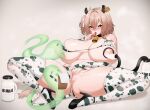  1girl absurdres anal_tail animal_ears animal_print bell bikini blush breasts bridal_gauntlets brown_hair clipboard cow_horns cow_print cow_print_bikini cow_print_bridal_gauntlets cow_print_thighhighs cow_tail cowbell eremas-su fake_tail female_masturbation fingering green_eyes hair_between_eyes hair_intakes hairband high_heels highres horns huge_breasts indie_virtual_youtuber lactation looking_down masturbation milking_machine naplings_(nimi_nightmare) nimi_nightmare nipples one_side_up open_mouth print_bikini print_bridal_gauntlets print_thighhighs pussy_juice short_hair simple_background sitting spread_legs swimsuit tail tapir_ears tapir_girl thick_thighs thigh_focus thighhighs thighs tongue tongue_out virtual_youtuber 