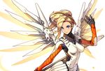  blonde_hair blue_eyes bodysuit breasts closed_mouth hand_up holding holding_weapon impossible_bodysuit impossible_clothes kotatsu_(g-rough) looking_at_viewer mechanical_wings medium_breasts mercy_(overwatch) overwatch ponytail purple_pupils simple_background smile solo staff upper_body weapon white_background white_bodysuit wings 