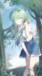  1girl absurdres adapted_costume blue_necktie blue_skirt blue_sky breasts chinese_commentary closed_mouth cloud collared_shirt commentary_request day frilled_skirt frills frog_hair_ornament green_eyes green_hair hair_ornament hair_tubes highres kochiya_sanae leaning_forward long_hair looking_at_viewer medium_breasts necktie outdoors shirt short_sleeves single_hair_tube skirt sky smile snake_hair_ornament solo touhou tree very_long_hair white_shirt z-bow 