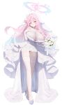  1girl angel_wings bare_shoulders blue_archive blush bouquet bow breasts commentary crescent crescent_earrings dress earrings elbow_gloves feathered_wings flower full_body garter_belt gloves gradient_hair grin hair_bow hair_bun halo high_heels highres holding holding_bouquet huge_breasts jewelry long_hair looking_at_viewer low_wings mika_(blue_archive) multicolored_hair pink_hair pink_halo pink_lips saki_(saki_paint) shoes simple_background single_side_bun smile solo thighhighs thighs two-tone_hair veil white_background white_bow white_dress white_flower white_garter_belt white_gloves white_shoes white_thighhighs white_veil white_wings wings yellow_eyes 