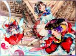  3girls :d ;d arrow_print ascot between_fingers black_hair blue_ascot bow bowl bowl_hat brown_hair castle detached_sleeves dress fang floating frilled_bow frilled_hair_tubes frills grey_horns hair_bow hair_tubes hakurei_reimu hat highres holding holding_needle holding_ofuda horns japanese_clothes kijin_seija kimono long_hair long_sleeves multicolored_hair multiple_girls needle needle_sword ofuda ofuda_between_fingers one_eye_closed open_mouth orb purple_hair red_bow red_eyes red_kimono red_skirt red_streaks sample_watermark seiryo0425 shikishi shining_needle_castle short_sleeves skirt skirt_set small_horns smile streaked_hair sukuna_shinmyoumaru touhou traditional_media upside-down watermark white_dress white_horns white_streaks wide_sleeves yin_yang yin_yang_orb 