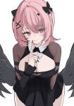  1girl black_bow black_dress black_shrug black_wings bow breasts cleavage dress hair_bow highres index_finger_raised large_breasts looking_at_viewer multiple_hair_bows official_alternate_costume pink_hair purple_eyes remielle_dan remielle_dan_(moonlight_whispers) shrug_(clothing) simple_background smile solo tamamorh white_background wings zenless_zone_zero 