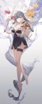  1girl absurdres bare_legs barefoot black_dress black_hair blue_eyes breasts cleavage commentary dorsiflexion dress feet floral_background full_body gradient_background grey_background highres holding holding_instrument holding_violin instrument lace leg_ribbon legs long_hair medium_breasts musical_note original parted_lips ribbon smile solo swkl:d thigh_ribbon toes untranslatable_commentary violin 