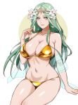  1girl alternate_costume bare_arms bare_shoulders bikini breasts cleavage closed_mouth collarbone fire_emblem fire_emblem:_three_houses flower gold_bikini green_eyes green_hair hair_flower hair_ornament hand_up highres large_breasts long_hair looking_at_viewer navel ootuk pointy_ears rhea_(fire_emblem) see-through_clothes see-through_veil sideboob simple_background smile solo stomach swimsuit thighs tiara underboob variant_set veil very_long_hair white_background 