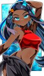  1girl absurdres arm_behind_head armpits bare_shoulders blue_eyeliner blue_eyes border breasts crop_top dark-skinned_female dark_skin earrings eyeliner highres hoop_earrings jewelry long_hair looking_at_viewer makeup multicolored_hair navel nessa_(pokemon) pokemon pokemon:_twilight_wings red_shirt shiki_(kisikisi1007) shirt side-tie_skirt simple_background skirt solo standing stomach white_border 