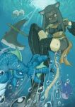  1girl air_bubble animal_ears axe battle_axe black_boots blush boots bouhuman bubble cat_ears commission dark-skinned_female dark_skin dragon_quest dragon_quest_monsters:_terry's_wonderland fish furry furry_female gloves highres holding holding_breath holding_polearm holding_weapon jellyfish light_rays long_hair man_o'_war_(dragon_quest) monster polearm skeb_commission solo tail thigh_boots thighhighs underwater veera_(dragon_quest) weapon yellow_eyes 