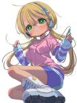  1girl absurdres blonde_hair blue_shorts blush boots breasts cable casual closed_mouth commentary_request contemporary full_body glasses green_eyes hair_tie headphones highres lace-up_boots layered_shirt layered_sleeves long_hair long_sleeves looking_at_viewer low_twintails made_in_abyss pinching_sleeves pink_shirt puckered_lips purple_shorts riko_(made_in_abyss) sekaineko_001 shirt short_over_long_sleeves short_shorts short_sleeves shorts simple_background small_breasts solo striped_clothes striped_shirt twintails white_background white_boots 