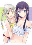  22/7 2girls :d alternate_eye_color bikini blue_eyes bow braid breasts center-flap_bangs character_name cleavage closed_mouth collarbone cowboy_shot crescent crescent_hair_ornament earrings fanged_bangs frilled_bikini frills grey_hair hair_bow hair_ornament halterneck highres ichinose_hotaru jewelry long_hair mole mole_under_eye multiple_girls nagamine_kaede navel official_alternate_costume official_alternate_hairstyle open_mouth parted_bangs purple_hair side_braid smile swimsuit trefle_r twin_braids v white_bikini yellow_bow yellow_eyes 
