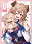  1girl :d ;d animal_ears bare_shoulders belt border breasts bridal_gauntlets brown_belt brown_hair commentary dog_ears dog_girl dress furen_e_lustario furen_e_lustario_(1st_costume) hair_between_eyes hair_intakes heart holding holding_stuffed_toy large_breasts long_hair looking_at_viewer mar0maru niginigi_nijitown nijisanji one_eye_closed paw_print paw_print_background pink_border red_eyes signature sleeveless sleeveless_dress smile solo stuffed_toy untranslatable_commentary virtual_youtuber watermark white_background 