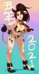  1girl alex_ahad animal_ears animal_print bell bikini black_bikini blue_background breasts brown_hair chinese_zodiac commentary cow_ears cow_print cow_print_bikini cow_print_socks cow_tail cowbell cup dated english_commentary fake_animal_ears fake_horns fatal_fury fingerless_gloves full_body gloves grin hand_fan hand_on_own_hip highres holding holding_fan horns large_breasts leaning_forward long_hair looking_at_viewer new_year numbered orange_background ponytail print_bikini purple_background red_gloves shiranui_mai signature smile swimsuit tail the_king_of_fighters white_bikini year_of_the_ox 