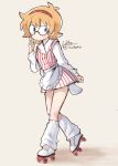  1girl apron blonde_hair blue_eyes blush commentary dress employee_uniform fast_food_uniform freckles full_body glasses hairband highres little_witch_academia looking_at_viewer lotte_jansson orange_hair roller_skates short_hair skates socks solo sukato_(sukato_) 