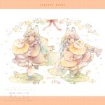  2girls :< :q animal_ears aqua_shoes blush_stickers braid brown_dress brown_ribbon closed_mouth commentary cupcake dress english_commentary english_text flower food fox_ears fox_girl fox_tail green_eyes grey_hair hair_flower hair_ornament holding holding_food long_hair long_sleeves multiple_girls mura_(yoshishi_ff) neck_ribbon original painting_(medium) puffy_long_sleeves puffy_sleeves red_ribbon ribbon shoes siblings sisters smile socks tail tareme tongue tongue_out traditional_media twin_braids twins very_long_hair watercolor_(medium) watermark white_flower white_socks 