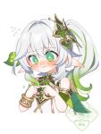  1girl absurdres armlet bare_shoulders blush bracelet bright_pupils cape closed_mouth colored_tips cropped_torso cross-shaped_pupils crying crying_with_eyes_open detached_sleeves dress ear_blush embarrassed eyelashes flying_sweatdrops furrowed_brow gem genshin_impact gold_armlet gold_bracelet gradient_hair green_cape green_eyes green_gem green_hair green_sleeves hair_intakes hair_ornament hands_up heart heart_hair_ornament highres index_finger_raised jewelry leaf leaf_hair_ornament long_hair looking_down multicolored_hair nahida_(genshin_impact) oishii_sasa pointy_ears portrait ringed_eyes side_ponytail sidelocks solo streaked_hair symbol-shaped_pupils tareme tearing_up tears twitter_username watermark wavy_mouth white_background white_dress white_hair white_pupils 